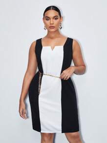 BizChic Plus Two Tone Notched Neckline Dress Without Belt - Black and White - View 5
