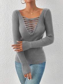 SHEIN Essnce Criss Cross Front Ribbed Knit Sweater - Grey - View 3