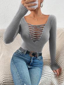 SHEIN Essnce Criss Cross Front Ribbed Knit Sweater - Grey - View 5
