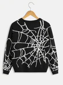 SHEIN 男大童蜘蛛網圖案套頭毛衣 - 黑與白 - 查看 2
