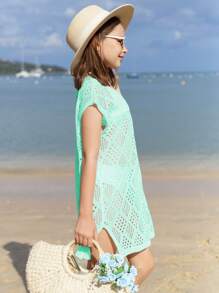 Tween Girl Hollow Out Split Hem Cover Up Dress Without Bikini - Mint Green - View 5