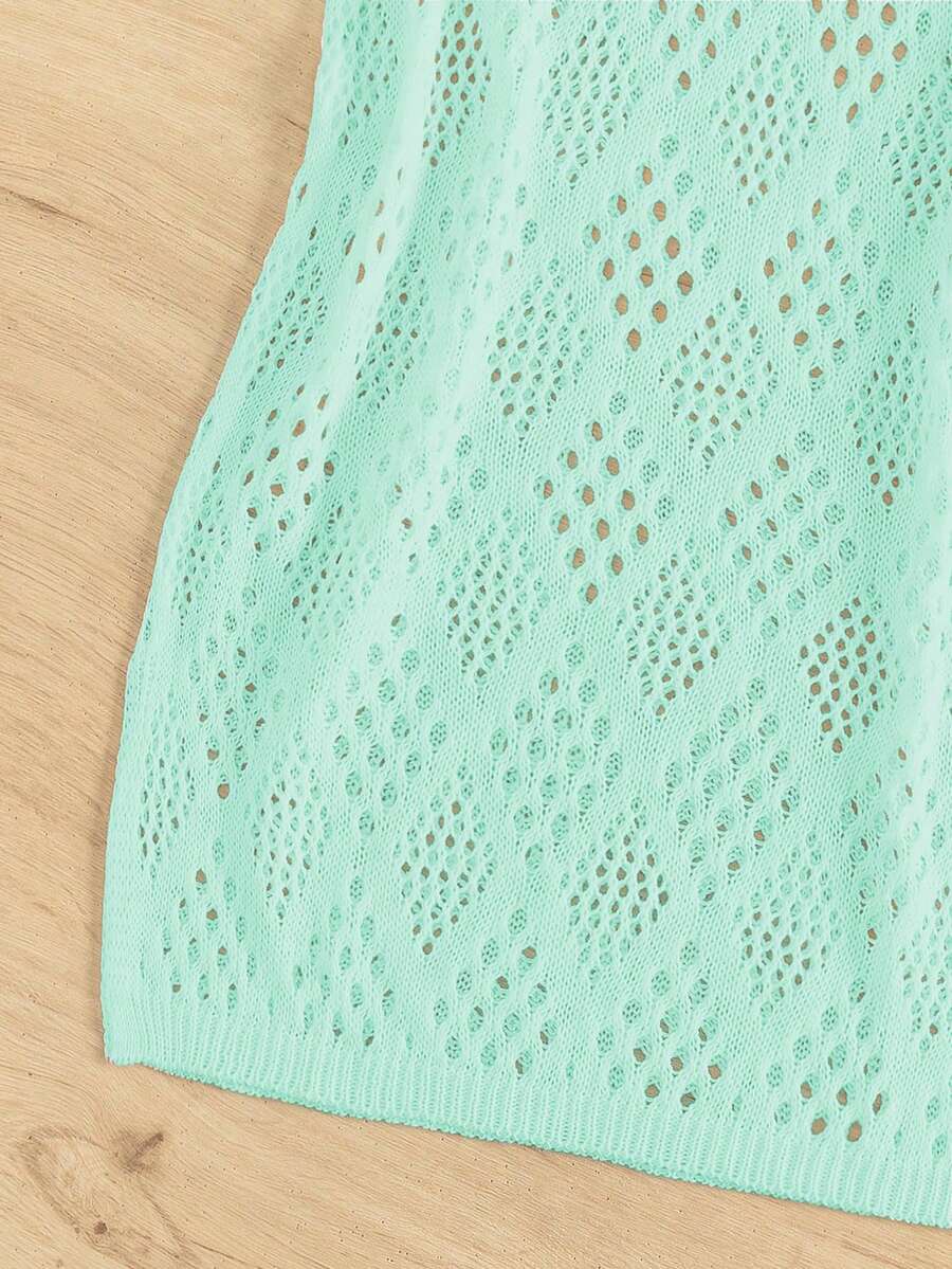 Tween Girl Hollow Out Split Hem Cover Up Dress Without Bikini - Mint Green - View 1
