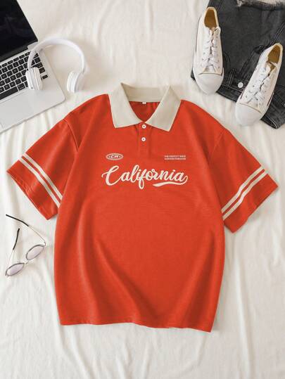 INAWLY 字母图案撞色领 Polo 衫 图案 T 恤 女式上衣