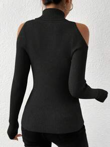 SHEIN Essnce Turtleneck Cold Shoulder Ribbed Knit Sweater,Long Sleeve Tops In Fall/Winter - Black - View 2