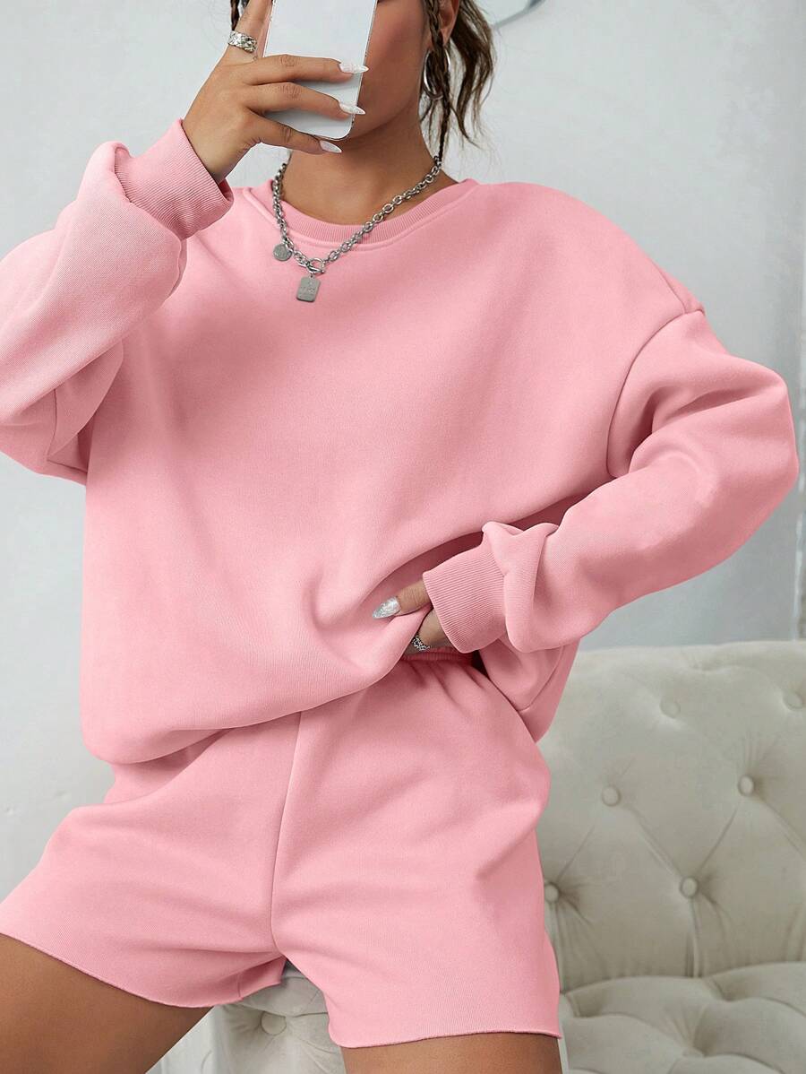 INAWLY Thả vai Áo thể thao và quần đùi - Hồng - Xem 1