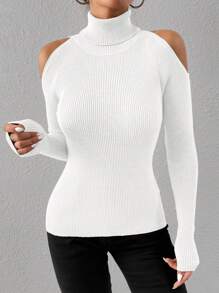 SHEIN Essnce 秋冬高领露肩罗纹针织毛衣 - 白色 - 查看 4