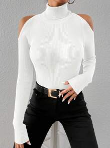 SHEIN Essnce 秋冬高领露肩罗纹针织毛衣 - 白色 - 查看 5