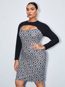 BizChic Plus Geo Print Cut Out Front Bodycon Dress - Black and White - View 7