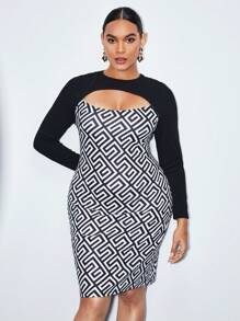 BizChic Plus Geo Print Cut Out Front Bodycon Dress - Black and White - View 4