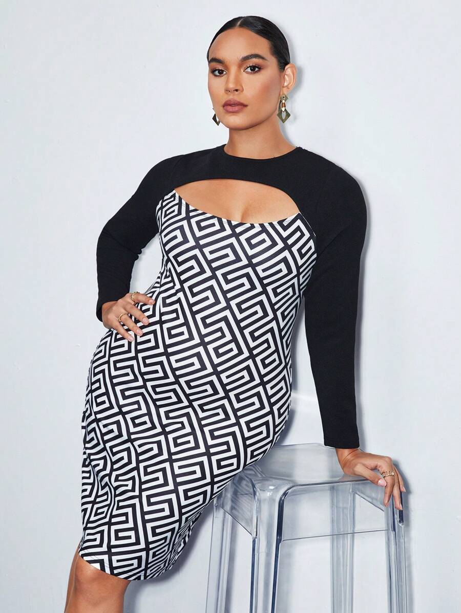 BizChic Plus Geo Print Cut Out Front Bodycon Dress - Black and White - View 1
