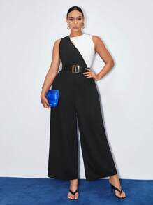 BizChic 2-Tone Black & White Asymmetric Collar Wide Leg Jumpsuit (Without Belt)