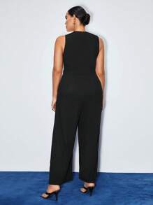 BizChic 2-Tone Black & White Asymmetric Collar Wide Leg Jumpsuit (Without Belt)