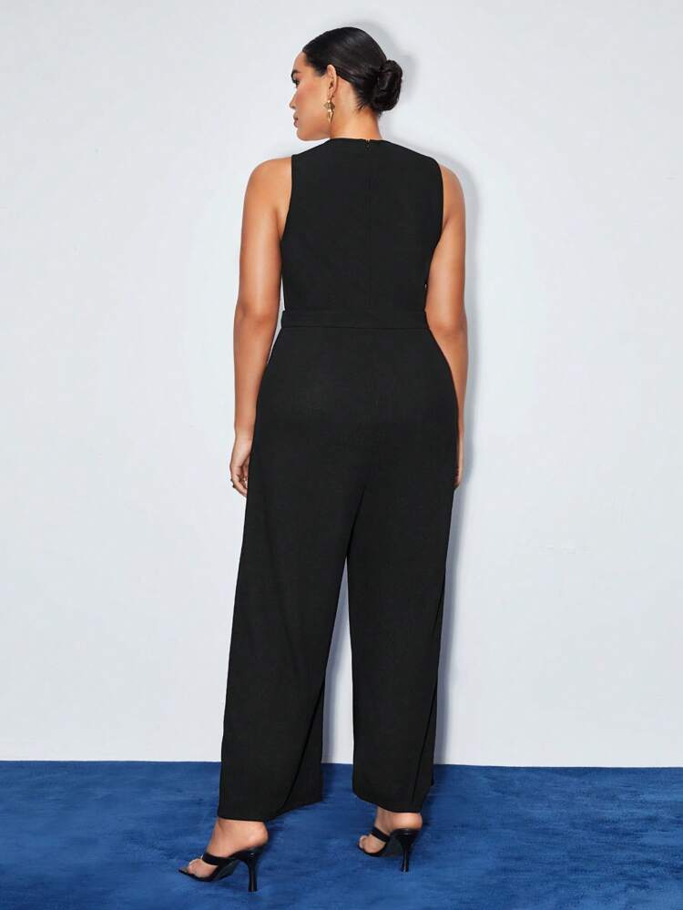 2-Tone Black & White Asymmetric Collar Wide Leg Jumpsuit (Without Belt)