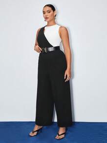 BizChic 2-Tone Black & White Asymmetric Collar Wide Leg Jumpsuit (Without Belt)