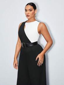 BizChic 2-Tone Black & White Asymmetric Collar Wide Leg Jumpsuit (Without Belt)