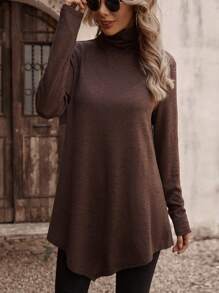 SHEIN LUNE Chất rắn Áo cao cổ Viền không đối xứng Áo thun - Cà phê nâu - Xem 1