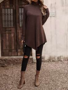 SHEIN LUNE Chất rắn Áo cao cổ Viền không đối xứng Áo thun - Cà phê nâu - Xem 3