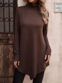 SHEIN LUNE Chất rắn Áo cao cổ Viền không đối xứng Áo thun - Cà phê nâu - Xem 4