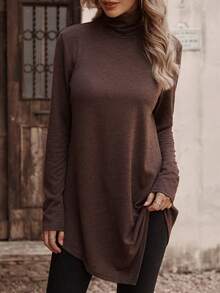 SHEIN LUNE Chất rắn Áo cao cổ Viền không đối xứng Áo thun - Cà phê nâu - Xem 5