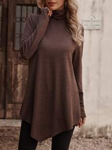 SHEIN LUNE Chất rắn Áo cao cổ Viền không đối xứng Áo thun - Cà phê nâu - Xem 6