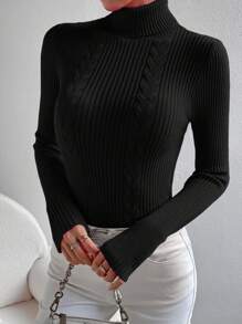 SHEIN Essnce 高領麻花編織套頭毛衣 - 黑色 - 查看 3