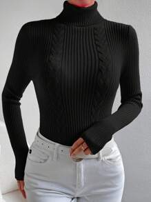 SHEIN Essnce 高領麻花編織套頭毛衣 - 黑色 - 查看 4