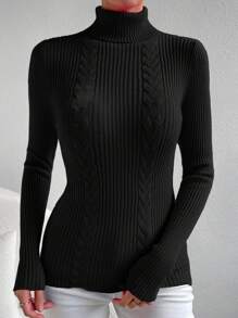 SHEIN Essnce 高領麻花編織套頭毛衣 - 黑色 - 查看 5