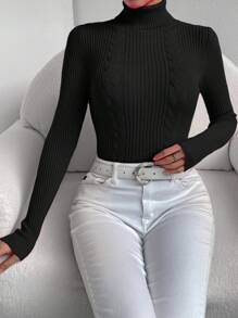 SHEIN Essnce 高領麻花編織套頭毛衣 - 黑色 - 查看 6