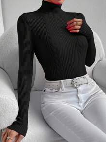 SHEIN Essnce 高領麻花編織套頭毛衣 - 黑色 - 查看 7