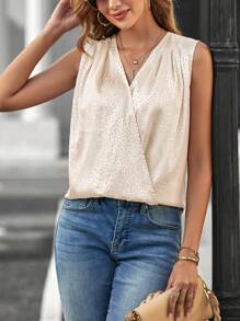 SHEIN Clasi Chó đốm Dệt hoa Surplice cổ Xa ten Áo sơ mi - Màu be - Xem 4