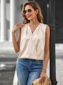 SHEIN Clasi Chó đốm Dệt hoa Surplice cổ Xa ten Áo sơ mi - Màu be - Xem 6