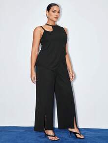 BizChic 大碼鏤空不對稱下擺上衣&下擺開叉長褲 - 黑色 - 查看 6