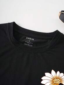 SHEIN LUNE 花和字母圖案T恤 - 黑色 - 查看 4