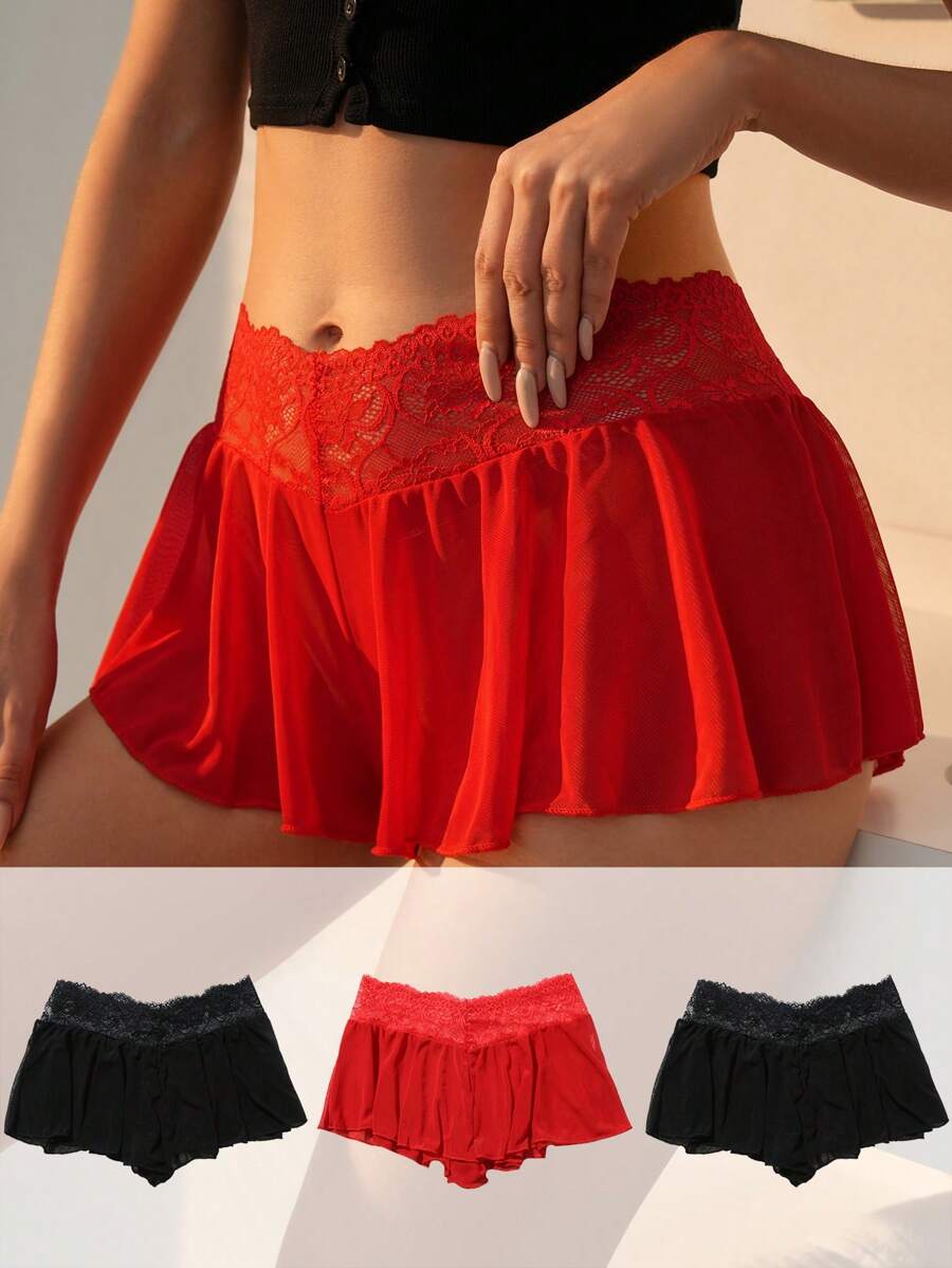 SHEIN 3pcs Contrast Lace Ruffle Trim Mesh Overlay Panty Lingerie - Multicolor - View 1