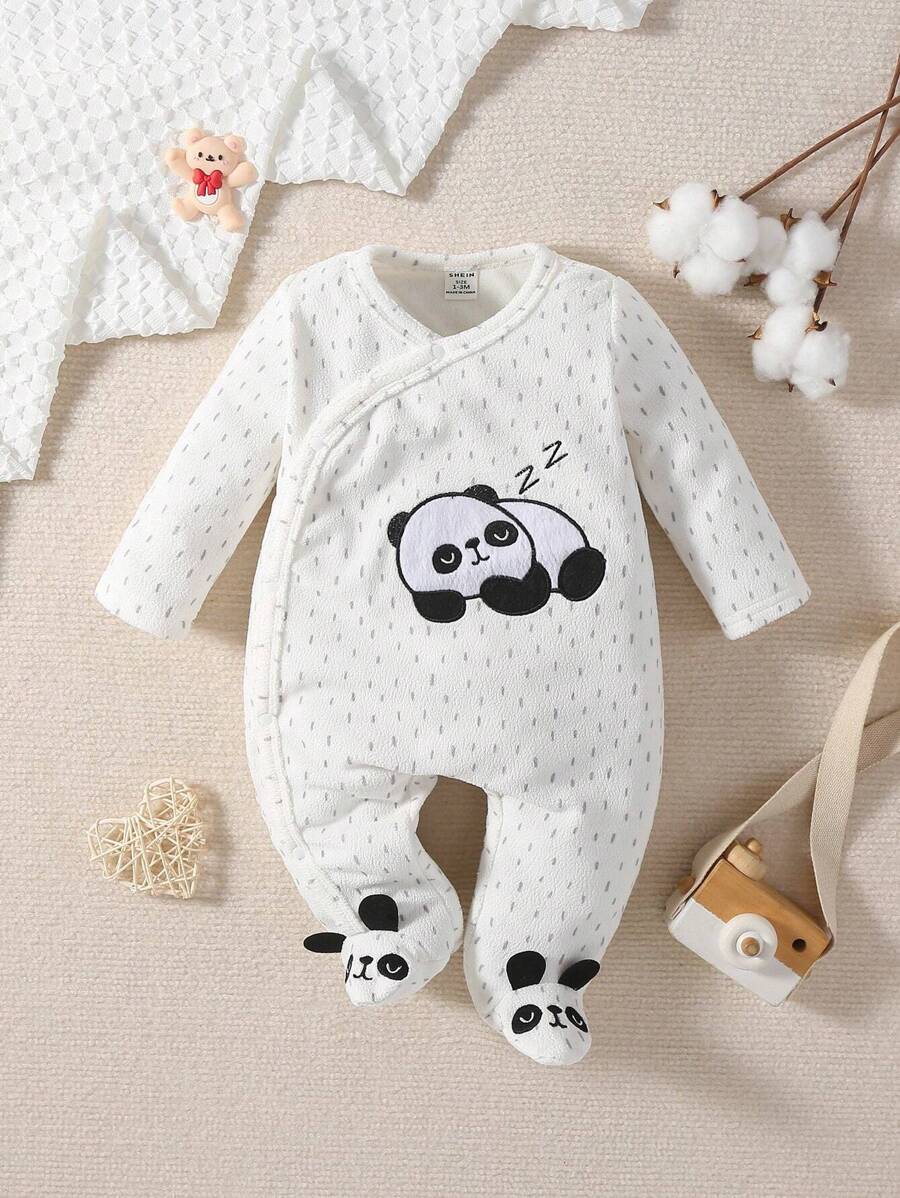 SHEIN Bộ đồ liền quần in hình gấu trúc dễ thương cho bé gái có mũ trùm đầu hình tai, đồ mặc ở nhà thoải mái - trắng - Xem 1