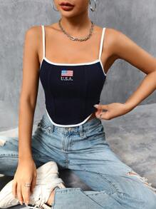 SHEIN Unity American Flag & Letter Graphic Contrast Binding Cami Top - Navy Blue - View 3