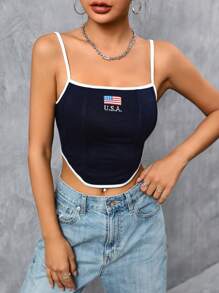 SHEIN Unity American Flag & Letter Graphic Contrast Binding Cami Top - Navy Blue - View 6