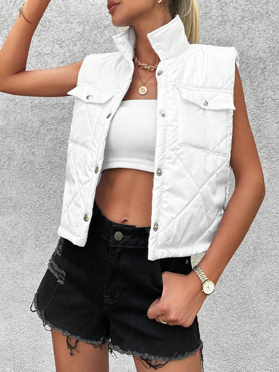EURMUSE Flap Pocket Quilted Vest Coat - White - View 1