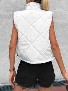 EURMUSE Flap Pocket Quilted Vest Coat - White - View 2