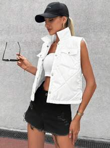 EURMUSE Flap Pocket Quilted Vest Coat - White - View 3