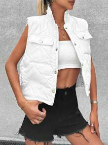 EURMUSE Flap Pocket Quilted Vest Coat - White - View 5