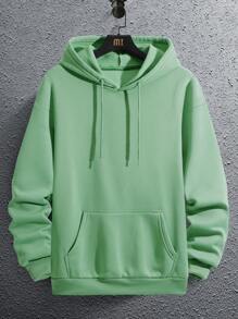 Men Cartoon Graphic Kangaroo Pocket Drawstring Thermal Hoodie - Mint Green - View 2