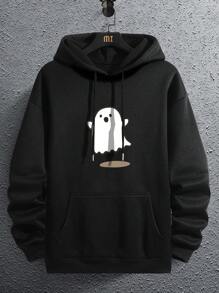 Sudadera con capucha térmica con cordón y bolsillo con estampado de fantasma para hombre, para Halloween