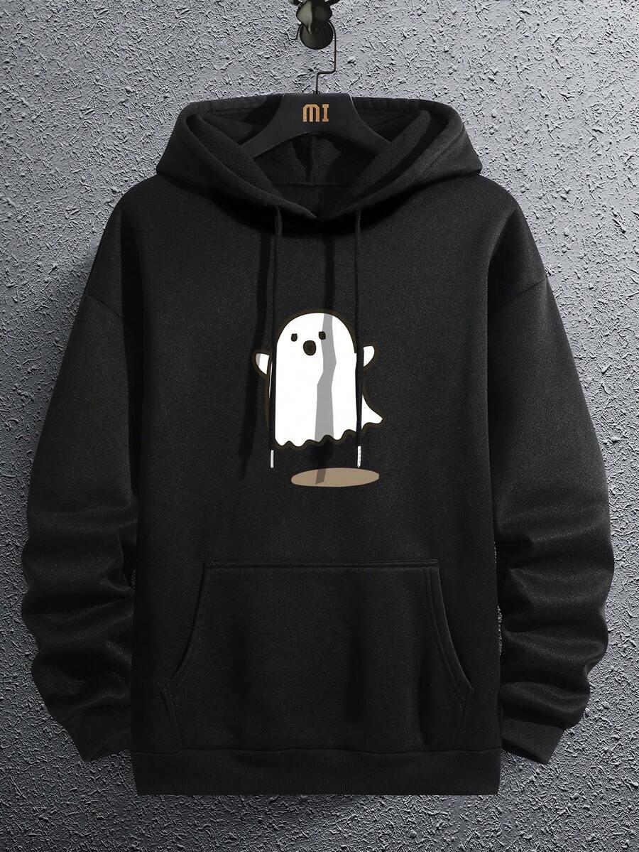Sudadera con capucha térmica con cordón y bolsillo con estampado de fantasma para hombre, para Halloween