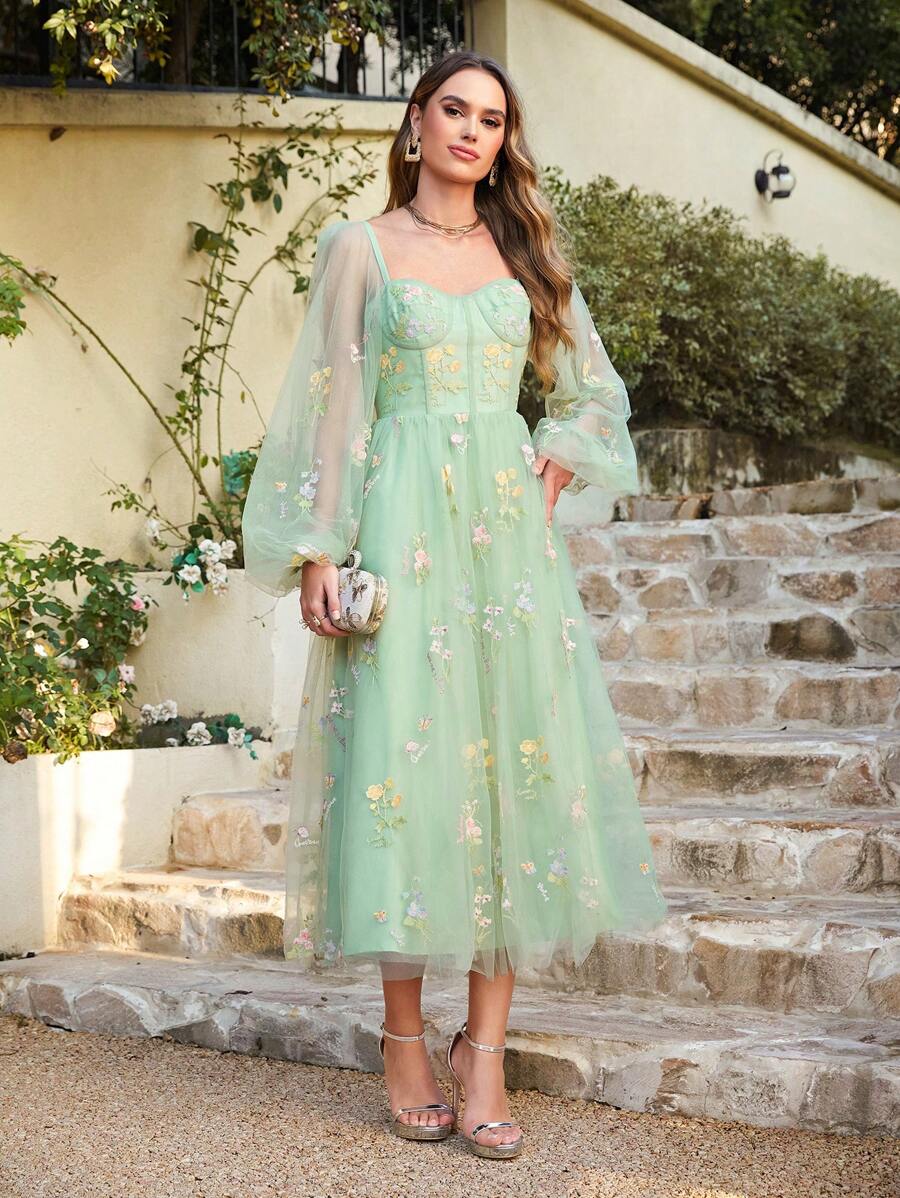 BABYONLINE D.R.E.S.S. Floral Embroidery Mesh Overlay Lantern Sleeve Dress - Green - View 1