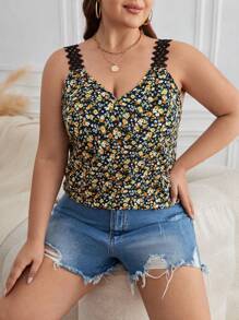 SHEIN Frenchy 波西米亞蕾絲拼接小碎花大尺碼背心 - 黃色 - 查看 1