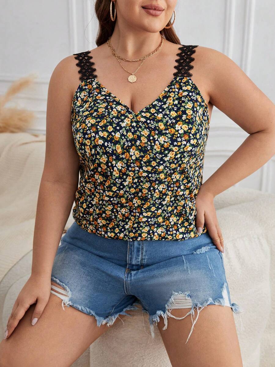 SHEIN Frenchy 波西米亞蕾絲拼接小碎花大尺碼背心 - 黃色 - 查看 1