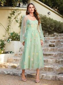 BABYONLINE D.R.E.S.S. Floral Embroidery Mesh Overlay Lantern Sleeve Dress - Green - View 3