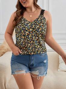 SHEIN Frenchy 波西米亞蕾絲拼接小碎花大尺碼背心 - 黃色 - 查看 3