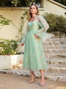 BABYONLINE D.R.E.S.S. Floral Embroidery Mesh Overlay Lantern Sleeve Dress - Green - View 4